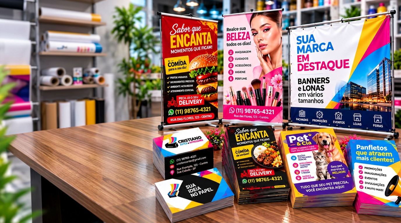 Banners, cartões de visita e panfletos impressos pela Cristiano Artes